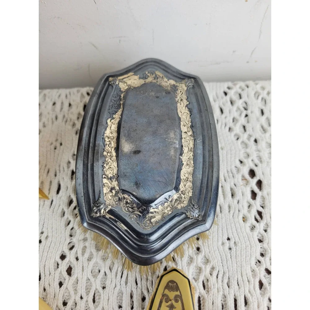Vintage Celluloid or Pyralin Brush Frame Mirror Shoe Horn Nail Vanity Set of 11